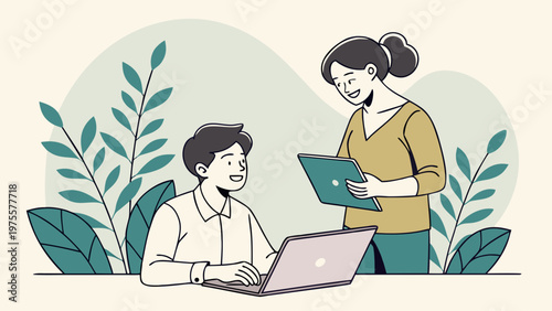 Vector illustration of manager mentoring employee at desk. Business guidance, career development, office training, teamwork support, communication, and leadership concept.
