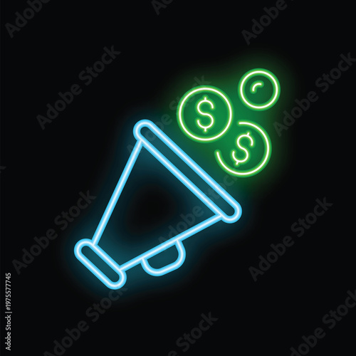 Bright blue neon megaphone is blaring out green dollar coins on a black background