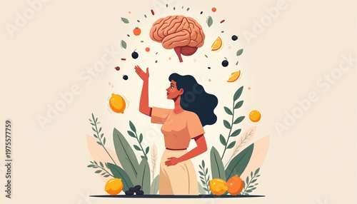 Woman contemplates healthy food choices with brain above. Fruits and leaves float around her mind. Mental wellbeing and nutrition concept. Mindful eating and cognitive health illustration.