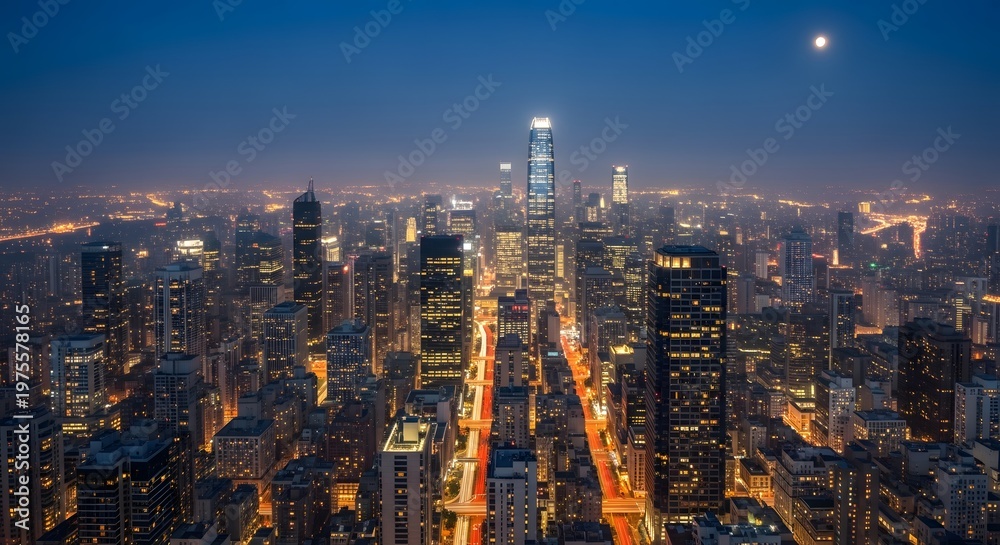 Obraz premium Night Cityscape Aerial View Tall Skyscrapers Bright Streets