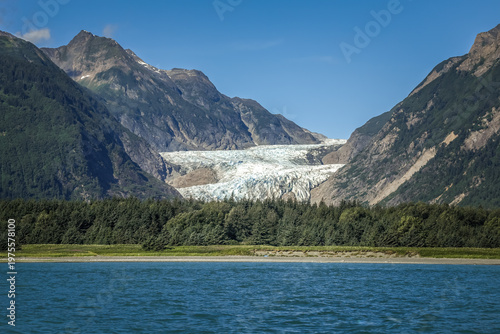 Expansive view of Alaska’s Davidson Glacier descending between rugged mountains into lush forest