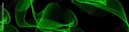 Glowing neon green light streaks create dynamic waves of abstract energy floating elegantly against a deep solid black background space
