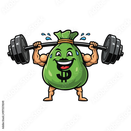Green money bag character lifting heavy barbell for strength training