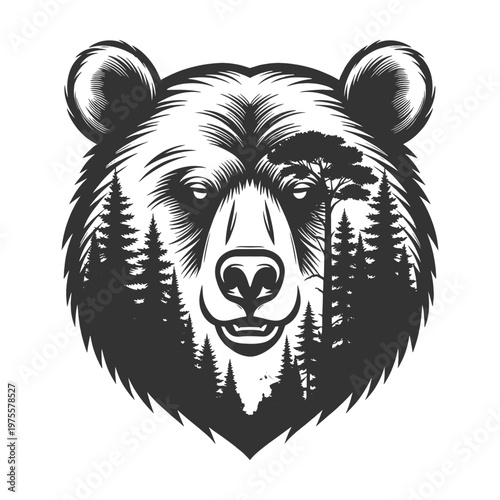 bear face combined with pine forest silhouettes, creating a nature-inspired wildlife graphic design sketch engraving generative ai vector illustration. Scratch board imitation. Black and white image.