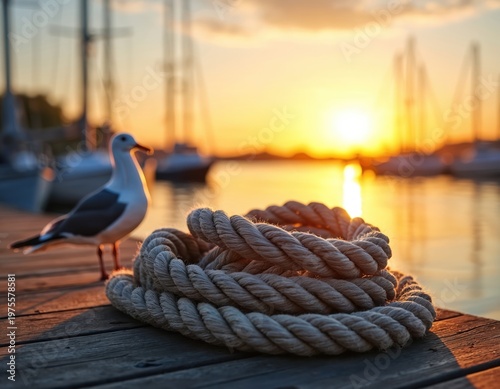 Thick marine rope rests on weathered wooden dock at golden hour sunrise. Seagull stands nearby. Sailboats wait in calm marina harbor water. Peaceful nautical scene.