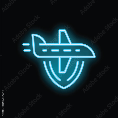 Blue neon sign representing a plane flying over a shield, symbolizing travel insurance and safety during flights