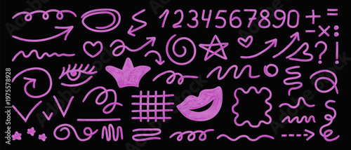 A set of hand-drawn doodle elements on a black background. A collection of brush strokes, arrows, numbers, and symbols. A creative graphic element for design, annotation, and highlighting.