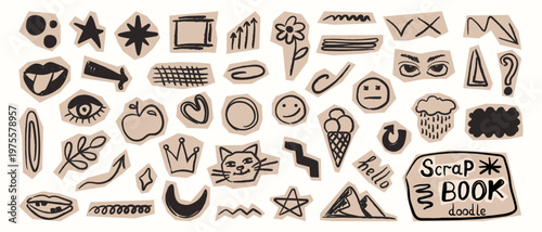 A collection of hand-drawn sketches on scraps of paper. A set of individual elements for scrapbooking, stickers, and badges. Sketchy drawings for journal embellishment or art projects.