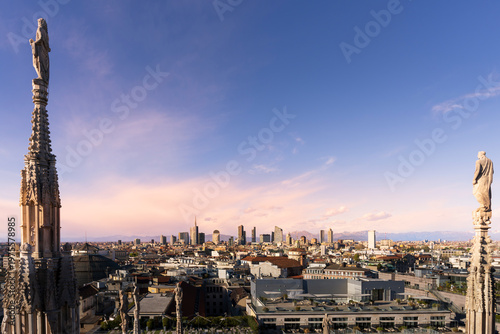 View of Milan`s business district from Milan Duomo