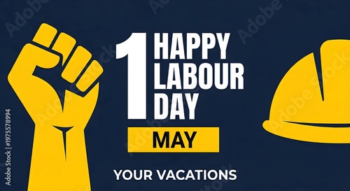 Minimalist labor day graphic featuring stylized yellow clenched fist and safety helmet icon on solid blue backdrop celebrating may day international workers holiday and professional achievements.