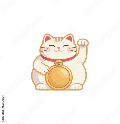Traditional Lucky Cat Illustration with Gold Coin and Bell, Charming Maneki Neko Fortune Symbol Vector Graphic for Asian Culture Theme, Prosperity, Wealth and Good Luck Decor on White