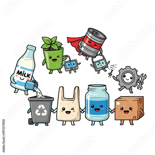 Cute recycling team of household items with smiling faces and caped helpers