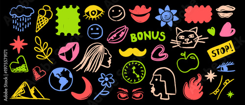 A collage of hand-drawn bright neon doodle icons on a black background. A set of sketch illustrations for a creative art design project.