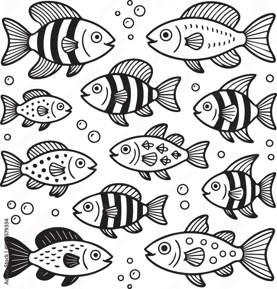 Fototapeta premium Black and white of twelve stylized octopus heads in a circular pattern tentacles symmetrical