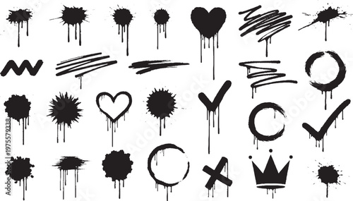 Large collection of black graffiti spray paint design elements featuring drips splatters ink blots hearts crowns and checkmarks for urban street art style graphic projects graffiti splatter