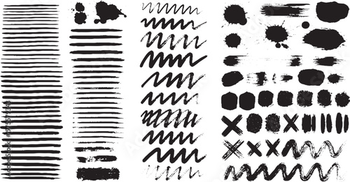Extensive set of hand drawn ink lines strokes zigzags and scribbles with black marker textures and brush splatters for decorative graphic design borders and separators scribble splatter collection