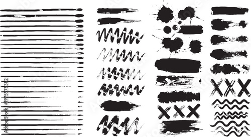Set of black ink brush strokes splatters and decorative hand drawn paint elements including horizontal lines zigzags and cross marks on white background with splatter collection artistic background
