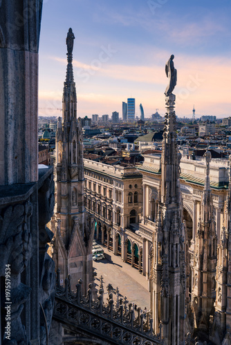 Statues of Duomo of Milan and Duomo square background Milan's financial district