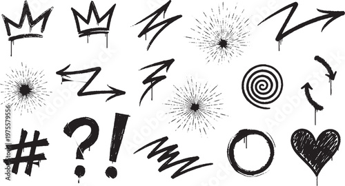 Collection of hand drawn graffiti elements crowns and symbols with graffiti question exclamation collection illustration creative decoration isolated abstract artistic ornament