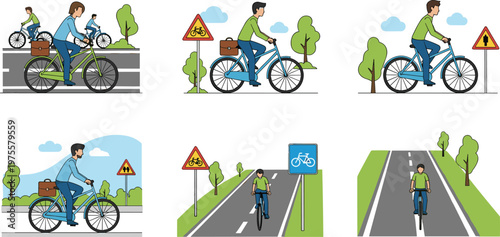 Cyclist Riding on Bike Paths with Road Signs, Bike Lanes, and Safe Cycling Routes for Urban Transportation and Eco-friendly Mobility Designs