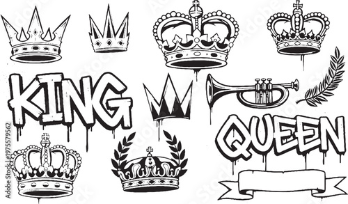 Set of graffiti style crown and royal symbol illustrations with graffiti streetart illustration collection ornament decorative sovereign nobility artistic creative monochrome isolated