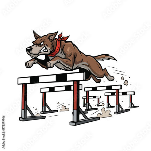 Aggressive Brown dog leaping over obstacle hurdle course