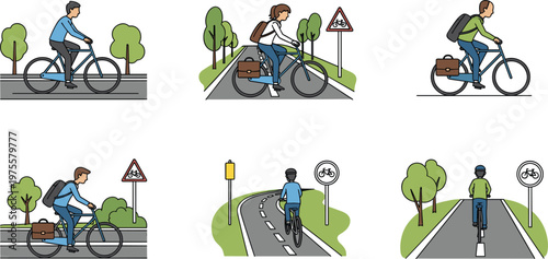 Cyclist Riding on Bike Paths with Road Signs, Safe Cycling Routes, and Green Environment for Urban Transportation and Eco-friendly Mobility Designs