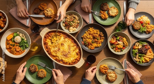 Overhead view of a festive thanksgiving or holiday dinner table with abundant food