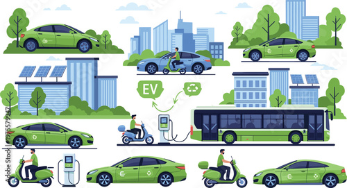 Electric Vehicle Collection with EV Cars, Scooters, Bus, Charging Stations, and Sustainable Urban Transport Designs