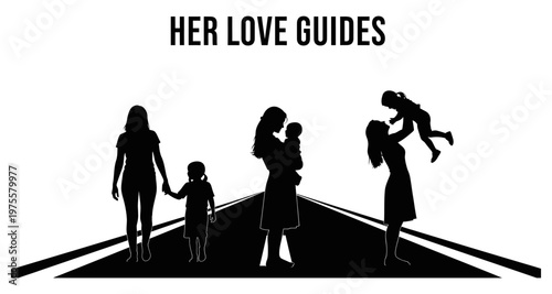 Mothers and children silhouettes walking on a road during daytime with a white background