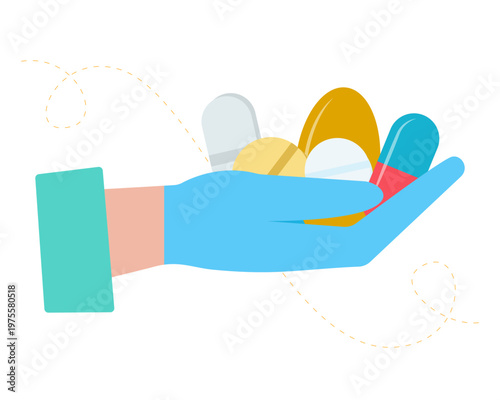 Medical hand in blue glove holding colorful pills and capsules. Vector illustration of healthcare, pharmacy, and medication concept isolated on white background. Professional medical design