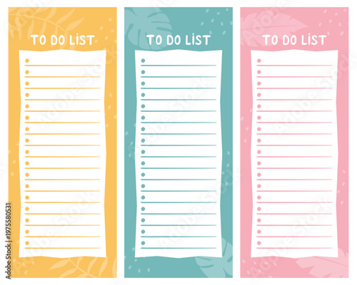 Three colorful to do list templates with tropical leaf patterns. Minimalist vector design for daily planning, productivity, and task organization in yellow, pink, and teal colors.