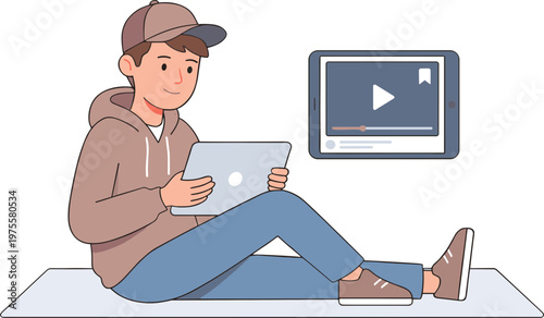 A man sits on the floor watching a video on his laptop.