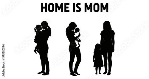 Mothers silhouette holding children in warm embrace against bright white background