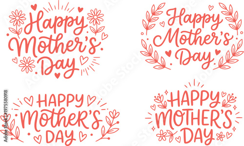 Set of happy mothers day text with flowers and hearts on white background