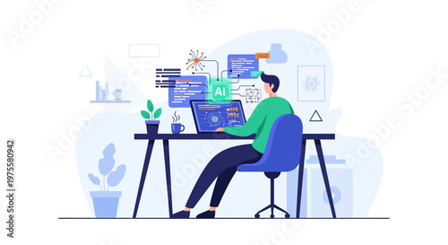 Innovative man working on AI development on laptop at a modern desk with plants on isolated white background.