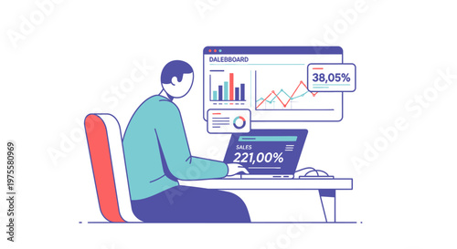 Focused man monitoring sales dashboard and financial data on laptop in isolated white background.