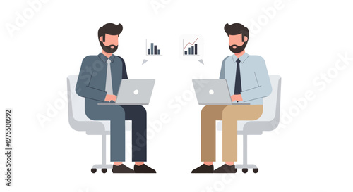 Two businessmen collaborating and discussing data on laptops in an isolated white background setting.