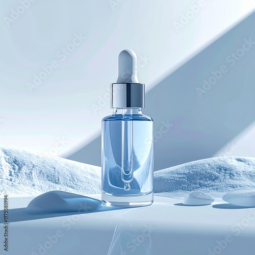 A luxurious skincare essence bottle with a dropper sits on an icy surface in a studio setting.