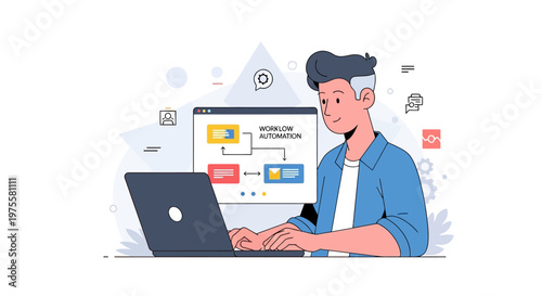 Focused man managing workflow automation on laptop in a bright studio with isolated white background.