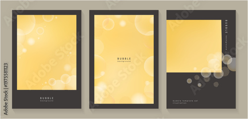 やわらかな黄色背景に白い泡を重ねたダークブラウンフレームの縦長テンプレートセット