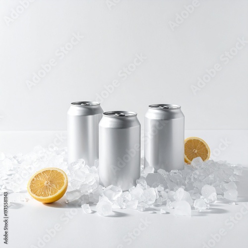 Three aluminum cans on ice with lemon slices, minimal beverage scene