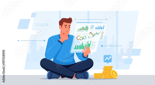 Thoughtful man analyzing financial data on a tablet, sitting on the floor with coins on isolated white background.