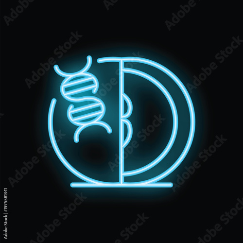 Blue neon icon depicting a petri dish with dna strands, symbolizing genetic engineering and biological research