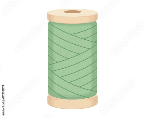 Flat vector illustration of green sewing thread on a wooden spool for tailoring and crafts