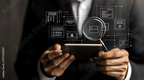 Business Professional Analyzing Digital Data with Magnifying Glass and Icons.