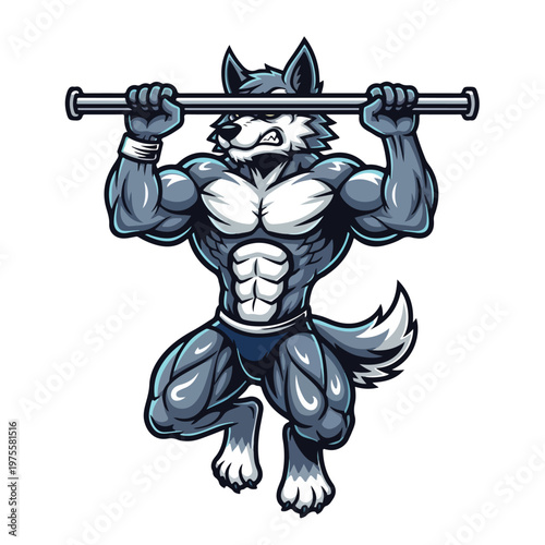 Strong muscular wolf character lifting bar