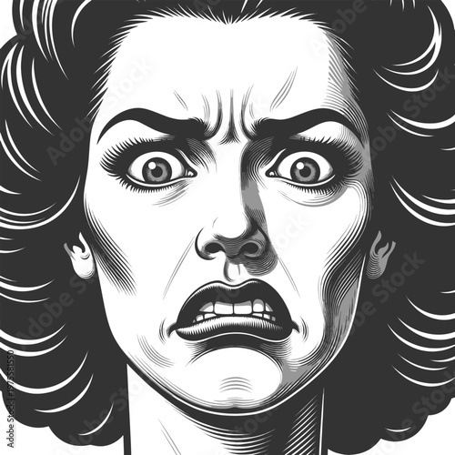 woman with a shocked, fearful facial expression, wide eyes and tense features showing anxiety or surprise sketch engraving generative ai vector illustration. Scratch board imitation. Black and white.