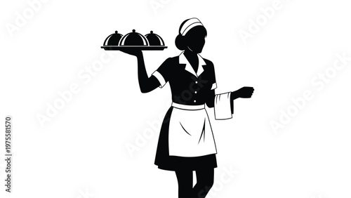 Black and white silhouette of a waitress holding a silver tray with food domes server
