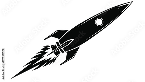 Black silhouette of a rocket ship launching into space isolated on a plain white background